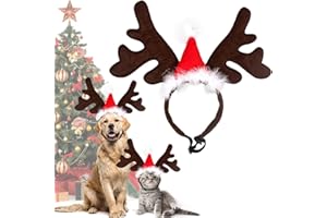 QUOHE Bandeau de Noël pour Animal de Compagnie, Chien Chat Bois de Renne, Costume de Noël, Réglable Couvre-Chef de Wapiti avec Bonnet de Noel, Cadeau Accessoire de Déguisement pour Chiens Chats