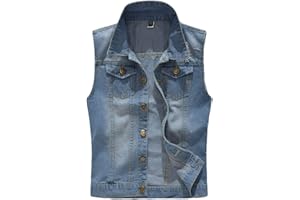 YOUTHUP Mens Ripped Denim Gilet Casual Vintage Biker Waistcoat Cowboy Sleeveless Vest Jacket