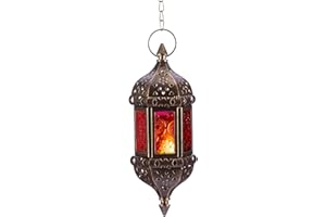 Nuptio Linterna Vela Marroquí Candelabros Colgantes para Velas Té Lámpara Ramadán Metal y Vidrio, Farolillos Decorativos Marrones Velas para Sala Balcón Patio Decoraciones Navideñas, 1 Pieza