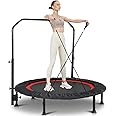 Fitness Trampoline Foldable Exercise Rebounder with 5 Level Adjustable Height Foam Handle, Jumping Fitness Silent Trampoline Safety Net Mini Workout Rebounder for Kids Adults Indoor Outdoor Load 180kg