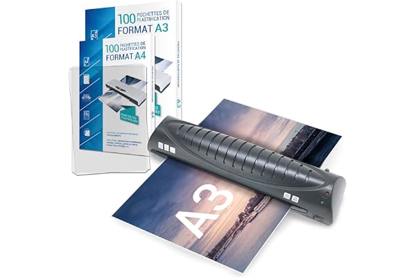 AVETIC Plastifieuse Pro A3 A4 A5 A6 jusqu’à 2 x125 microns Plastification Rapide pour la Maison ou au Bureau avec 100 pochettes A4 + 100 pochettes A3