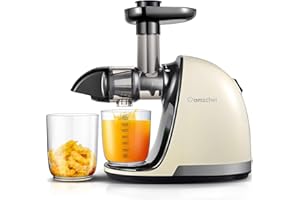 Licuadora Prensado en Frio, AMZCHEF Licuadora Frutas Verduras，Extractor de zumos con Función inversa,Motor Silencioso,fácil de limpiar con un cepillo extra (Beige)