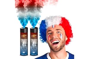 Kit Supporter France Allez les Bleus - Perruque Bleu Blanc Rouge Tricolore + 2 Fumigènes ALLEZ LES BLEUS 1 MINUTE à Main - 3 Accessoires - FOOTBALL/RUGBY/FOOT