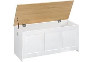 HOOBRO Cassapanca Portaoggetti da 100 cm con Cerniere di Sicurezza, Scatola Contenitore con Coperchio Ribaltabile, per Ingresso, Camera da Letto, Soggiorno, Bianco e Colore Legno Naturale EWN141CW01