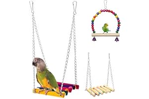 TUBAWD 3 Pack Budgie Toys, Parrot Toys, Colorful Wooden Ladder, Swing & Bridge for Parakeet, Cockatiel & Conure