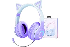 JYPS Bezprzewodowe słuchawki dla dzieci, słuchawki dziecięce ze światłem LED i kocimi uszami dla dziewcząt, zestaw słuchawkowy Bluetooth z odłączanym mikrofonem z redukcją szumów i wbudowanym mikrofonem do rozmów / gier (fioletowe)
