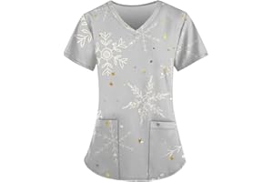 DHYUEN Weihnachten Krankenhaus Schlupfhemd Damen Weihnachtsbaum Schneemann Druck V-Ausschnitt Krankenschwester Kleidung Pflege Kasack Kurzarm Gerade Tasche Xmas Motiv Uniform Klinikkasack Pflegekasack
