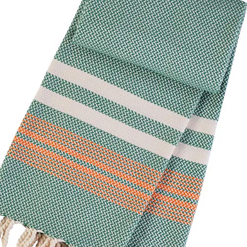 ANATURES Bazar Green/Peach Serviette de Sauna 100% Coton Pestemal 90 x 170 Xlarge Fouta Hammam Serviette de Plage Peshtemal, Green/Peach