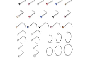Maxmoc 30pcs Nose Stud, Silver Nose Ring, Surgical Stainless Steel Nose Piercing Jewellery, L Shape Nose Stud with Cubic Zirconia for Women Men Gift (Multicolor)