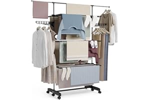 NEWTECK NEWLUX - Stendino verticale salvaspazio Pieghevole XXL Fold Care V60 con 18-21m di stenditura, Ruote e 5 Livelli Doppi. Stendibiancheria con Supporto per Grucce e Capi lunghi da 1,5m, Nero