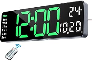 Lafocuse Reloj Digital Pared LED Grande 32cm, Silencioso Reloj Digital con Control Remoto, Temperatura, Fecha, 2 Alarmas, Brillo Ajustable, 12/24 Horas, para Salon Cocina Oficina,Verde