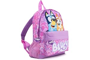 Bluey Girls ryggsäck – lila ryggsäck för småbarn, bingo, hjärttryck, känguruficka och vadderade remmar – skolväska för barn i