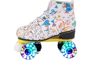SPRLN Roller Skates Women, Quad Roller Skates, Double Row Light Up Skating, PU Leather Material Microfiber for Beginners Teens Kids Adult,White,UK 3/EU 35