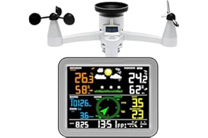 Urageuxy Station Météo Sans Fil 7-en-1 Moniteur D'intérieur avec Capteur Extérieur, Pluviomètre, Vitesse du Vent, Thermomètre/Hygromètre, Pression Atmosphérique et Prévisions Météorologiques (Gris)