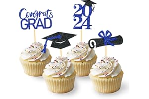 MOITKPTT 24 Stück Glitzer 2024 Graduation Cupcake Toppers, Abschlussfeier Cupcake toppers, Bachelor Hut Deko, Abschluss Deko für Graduation Abschlussparty Dekoration (schwarz & blau)