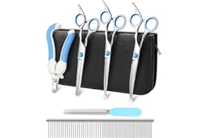 CHMMY Tijeras para Perros Profesional tijeras peluqueria canina Acero Inoxidable Tijeras para Perros Punta Rotonda 6 Kit tijeras de adelgazamiento, peine para quitar nudos, Cortaúñas para mascotas