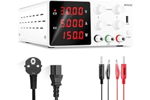RUZIZAO Bench Power Supply Variable: 30V 5A Adjustable Switching Regulated High Precision 4-Digits LED Display 5V/2A USB Port Test Lead Output & Input Power Cord Bench Lab DC Power Supply