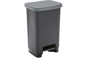 SUNDIS Step Bin, poubelle à pédale 50 L, rectangulaire, en plastique recyclé, noir et anthracite, pour cuisine, bureau, buanderie, garage, atelier