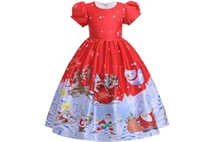 IMEKIS Robe de Noël pour Fille - Père Noël - Bonhomme de Neige - Flocon de Neige - Renne - Imprimé Noël - Cadeau de Noël - Anniversaire - Fête - Robe de fête - Princesse Lang Swing