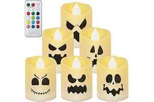 SACEMONTIC 6 Candele LED Halloween, Candele Led Fiamma tremolante LED Halloween Candele con funzione timer e luci, Batteria Candele da tè Candele fantasma per Halloween Decorazione Festa di Natale, 3,6x4,8 cm