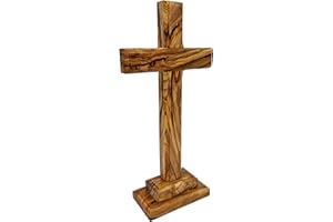 Lunexus Cruz de madera de olivo de 18,5 cm, hecha a mano en Belén, bendecida con certificado de consagración, cruz de mesa cristiana con soporte, regalo para bautizo, comunión, confirmación, cruz