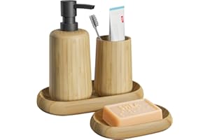 Asashizen Bathroom Accessory Sets, 4PCS Retro Bamboo - Soap Dish, Soap Dispenser, Tray, Mouthwash Cup