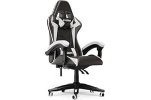 bigzzia Silla Gaming,Silla Ergonómica de Oficina en Cuero PU,Regulable en Altura con Soporte Lumbar y Reposacabezas,Respaldo Reclinable 155°,Silla Gamer Adulto Niño(Blanco Pálido)