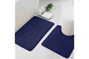 ‎HOMAXY Homaxy Badematten Set 2 teilig Memory Foam Badezimmerteppich WC Vorleger mit Ausschnitt Set Saugfähige rutschfeste Badteppich Set Waschbar Badvorleger Set 2teilig, Marineblau