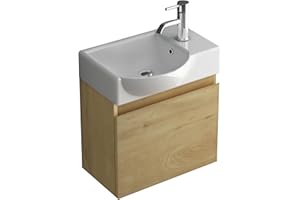 ‎ALPENBERGER GERMANY Alpenberger Waschtisch mit Unterschrank | Gäste WC Waschbecken Klein 45 cm Breit | Aufsatzwaschbecken mit Waschbeckenunterschrank | Badmöbel Hängeschrank | Waschtischunterschrank Eiche Natur