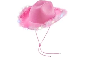 QIANDERER Light Up Cowboy Hats for Women Fluffy Feather Brim LED Cowgirl Hat for Bachelorette, Costume Party, Play Dress Up (Pink)