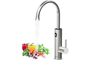 Briwellna Edelstahl Heiß wasserhahn mit Digitalanzeige, 360 Grad Drehbarer Durchlauferhitzer Wasserhahn, Schnellheiz Wasserhahn, Elektrischer Wasserhahn (Silber)