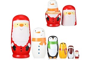 ZOMIBOO Juego de 6 Muñecas Rusas de Madera Hechas a Mano de Santa Claus Pingüino Alce Muñeco de Nieve Matryoshka Regalo Muñeca Apilable Juguetes para Navidad y Cumpleaños,6 a 1.1 Pulgadas de Alto