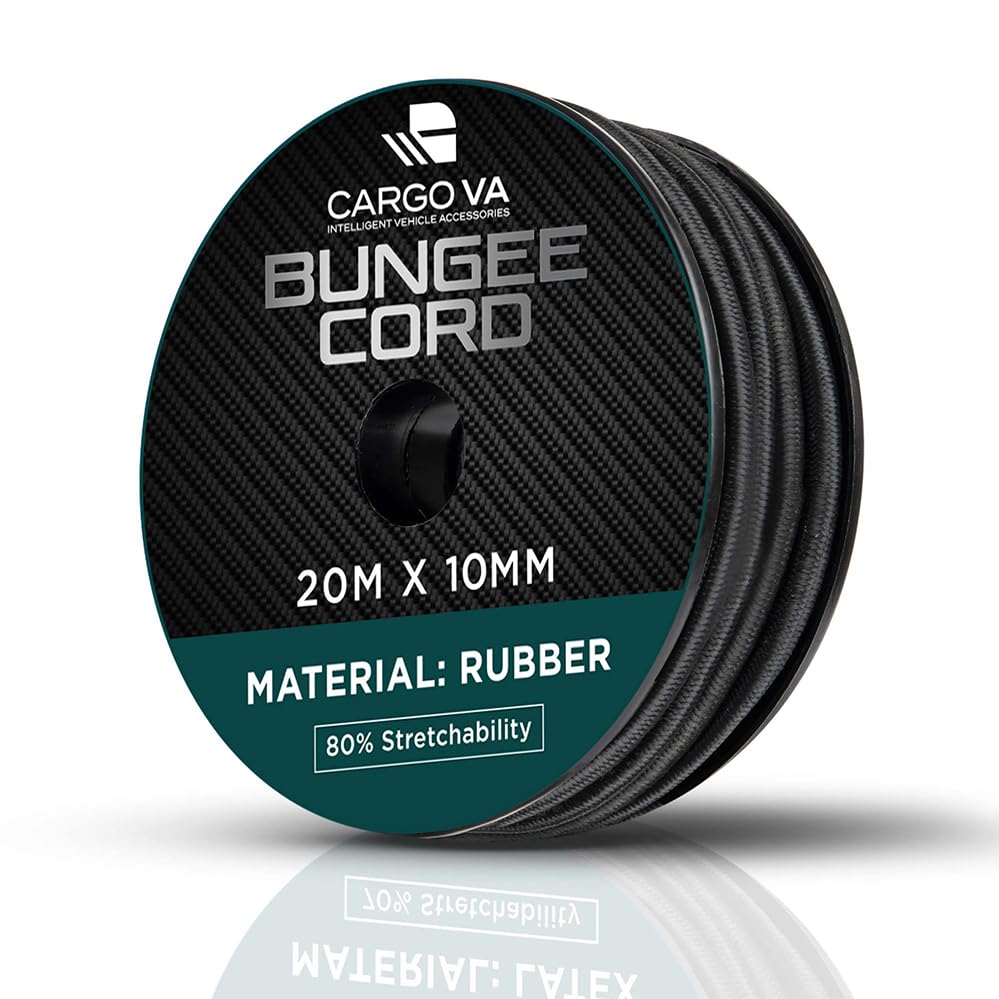 CargoVA - Corda elastica 10mm 20m nera - Corda espandibile 80% elasticità - Corda resistente per rimorchi, vele parasole, teli ecc.