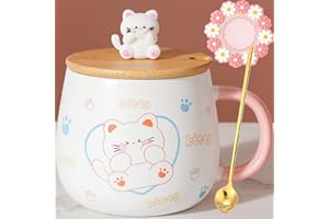 Arawat Kubek dla kota z pokrywką Śliczny kubek dla kota Prezent 400 ml Ceramiczny kubek do kawy z łyżeczką i spodkiem Boże Narodzenie Kakao Herbata Kawa Kubki Słodki prezent urodzinowy dla dziewczyny