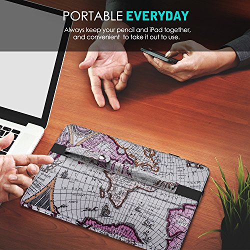 MoKo Halter für Apple Pencil – Premium PU Leder Bleistift Stift Schleife Sleeve Cover Schreibzeug Schreibgerät Beutel mit abnehmbare Gummiband für Apple iPad Pro 12.9 Zoll Hülle Case, Landkarte A - 7