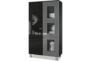 ‎VLADON Vladon Vitrine Denjo, Made in Germany, Standvitrine mit 2 Türen und 3 Glaseinsätzen, Schwarz matt/Schwarz Hochglanz/Grau Hochglanz (71 x 129 x 35 cm)