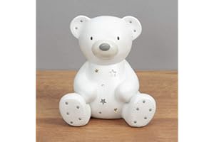 WIDDOP AND CO Widdop & Co. Bambino Tirelire en résine blanche 12 x 11 x 9 cm – Ours en peluche avec étoiles en cristal – Cadeau de naissance pour baptême ou fête prénatale