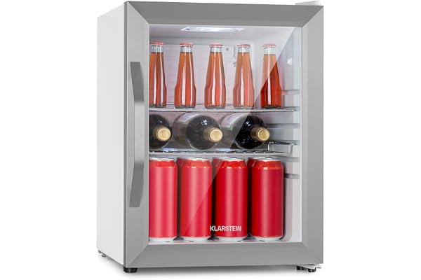 Klarstein Beersafe 33 L Mini Fridge with Glass Door – Drinks Fridge, Silver | LED light, removable metal shelves, quiet, beer & beverage fridge for cans & bottles