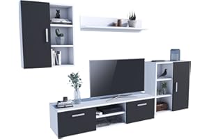 ‎MATKAM MATKAM Wohnwand Dedal, Schrankwand Wohnzimmer Modern, Wohnzimmerschrank mit Fernsehtisch Komplett Möbel (Weiß-Schwarz)