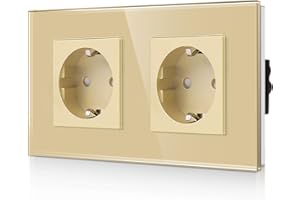 CNBINGO Podwójne gniazdko podtynkowe ze szkła w kolorze złotym – podwójne gniazdko z zestykiem ochronnym z zabezpieczeniem przed dziećmi – 16 A zestyk ochronny, gniazdko ścienne ze szklaną ramą