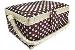 JYC CREATIVE Small Wooden Sewing Box, Fabric Lined Sewing Box with 8 Compartments, Organizer with Pin, Storage Box with Handle and Tray, (Brown Dots, Small)