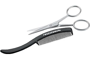TWEEZERMAN Skäggsax och skäggkam (Moustache Scissors & Comb Set, trimning och klippning, ergonomisk design)