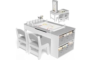 MAMIZO Kindertisch mit 2 Stühlen, Kindertisch Holz, Spieltisch mit Stauraum, 3 teilige Kindersitzgruppe mit Wendbarer Tischplatte, Mal und Basteltisch für Kinder, Maltisch für Kinder ab 3 Jahre (Grau)