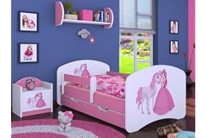 ‎HAPPY BABIES Happy Babies Kinderbett Happy Kinderbett mit Rausfallschutz und Bettschublade Bett für Mädchen 160x80 mit Matratze 80 x 160 Weiß Rose Bett Prinzessin