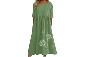 Zeiayuas Cotton Linen Dresses for Women T Shirts Summer Midi Dress Short Sleeve Round Neck Long Dress Ladies Beach Loose Solid Color Casual Dresses UK Plus Size 8-22