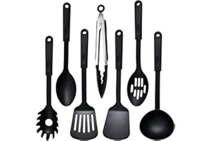 Anseom Zestaw przyborów kuchennych, 7 sztuk, nylonowe przybory kuchenne, nadają się do mycia w zmywarce, odporne na wysokie temperatury, nieprzywierające, akcesoria kuchenne, kolor czarny