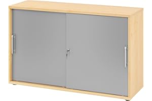 ‎BÜMÖ bümö Schiebetürenschrank 2OH - Aktenschrank abschließbar, Sideboard Schrank mit Schiebetüren in Ahorn/Silber - Büroschrank aus Holz mit Schiebetür, Büro Kommode für Ordner & Co.