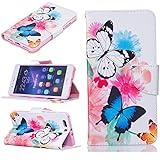 Honor V8 Hülle,Cozy Hut Lederhülle / Ledertasche / Hülle / Case / Cover / Etui / Tasche/ Kunstleder Tasche für Huawei Honor V8 Wallet Case Flip Cover Hüllen Schutzhülle Etui Ledertasche Stand Funktion mit Karten - Zwei Schmetterlinge