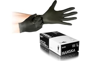 HANSKA Guantes desechables de nitrilo negros – Sin polvo – Desechar– Ambidextros – No estériles – Base de goma – Apto para ámbitos médicos, manipulación de alimentos (100, L)