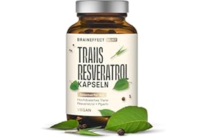 ‎BRAINEFFECT Trans Resveratrol 500mg - Vegane Resveratrol Kapseln ohne Zusatzstoffe aus japanischem Resvatrol Staudenknöterich Wurzel-Extrakt, 60 Resveratrol hochdosierte Kapseln als Sirtuin Pulver